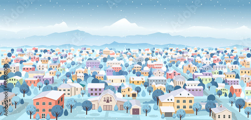 Suburban landscape with mountains in winter. Perspective view with roads and houses. Cartoon vector illustration