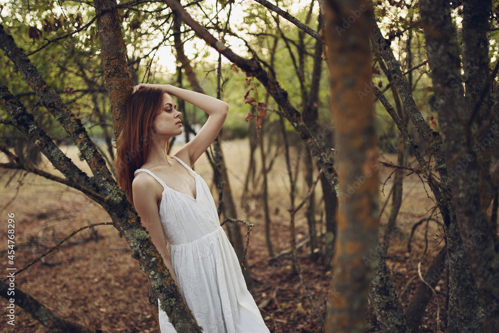 pretty woman in white dress forest nature walk vacation pretty woman in white dress forest nature walk vacation