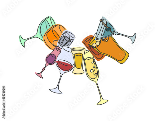 One line drawing vermouth whiskey vodka liquor red wine tequila champagne rum beer martini glass. Cartoon graphic sketch. Continuous line way. Hand drawn party drinks concept. Freehand drawing style