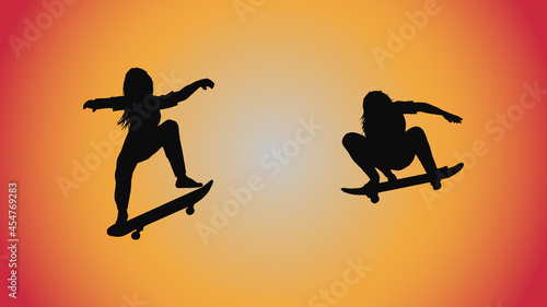 abstract background of silhouette woman skateboard pose