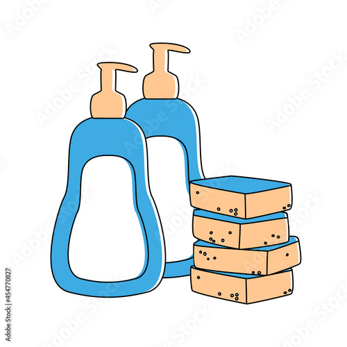 vector dishwashing liquid  housework  equipment, plastic bottle  illustration chores symbol, nobody cleaner sponges