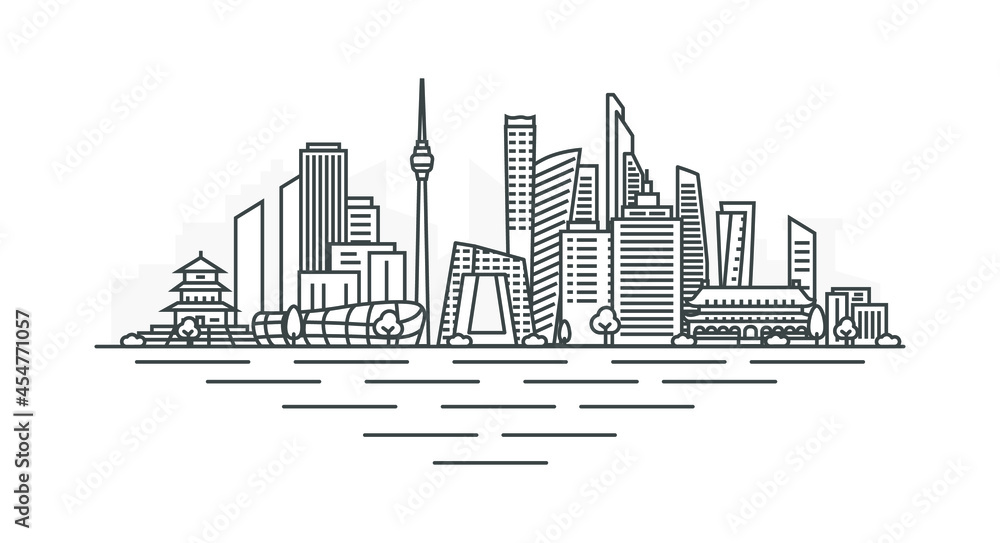 City of Beijing, China architecture line skyline illustration. Linear vector cityscape with famous landmarks, city sights, design icons, with editable strokes isolated on white background.