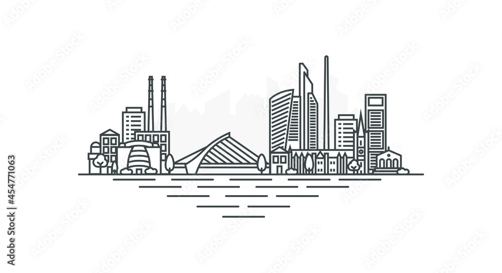 Fototapeta premium City of Dublin, Ireland architecture line skyline illustration. Linear vector cityscape with famous landmarks, city sights, design icons, with editable strokes isolated on white background.