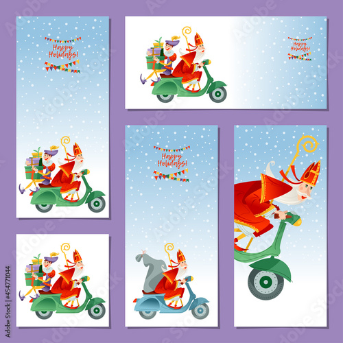 Set of 5 universal cards with Sinterklaas (Santa Claus) and his helper deliver gifts on a motorroller.