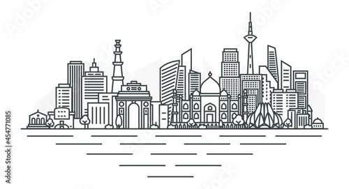 City of New Delhi, India architecture line skyline illustration. Linear vector cityscape with famous landmarks, city sights, design icons, with editable strokes isolated on white background.