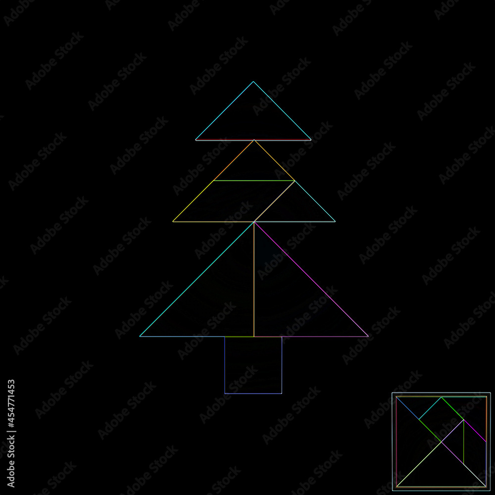 All kinds of tangram puzzles on black background, color outline version All kinds of tangram puzzles on black background, color outline version