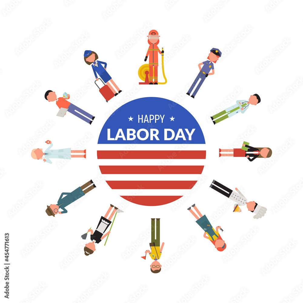 Happy Labor Day. A group of people of different professions, around the inscription. Flat vector illustration for postcard, poster, webbaner. Isolated on white background Happy Labor Day. A group of people of different professions, around the inscription. Flat vector illustration for postcard, poster, webbaner. Isolated on white background