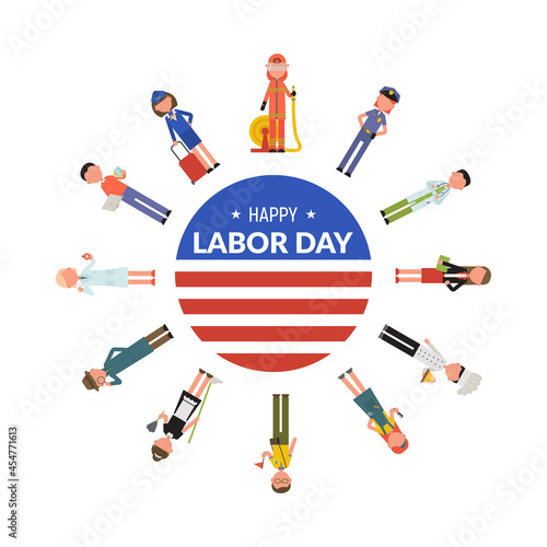 Happy Labor Day. A group of people of different professions, around the inscription. Flat vector illustration for postcard, poster, webbaner. Isolated on white background