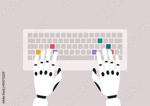 A top view of robotic hands typing on a keyboard, machine learning concept, futuristic technologies