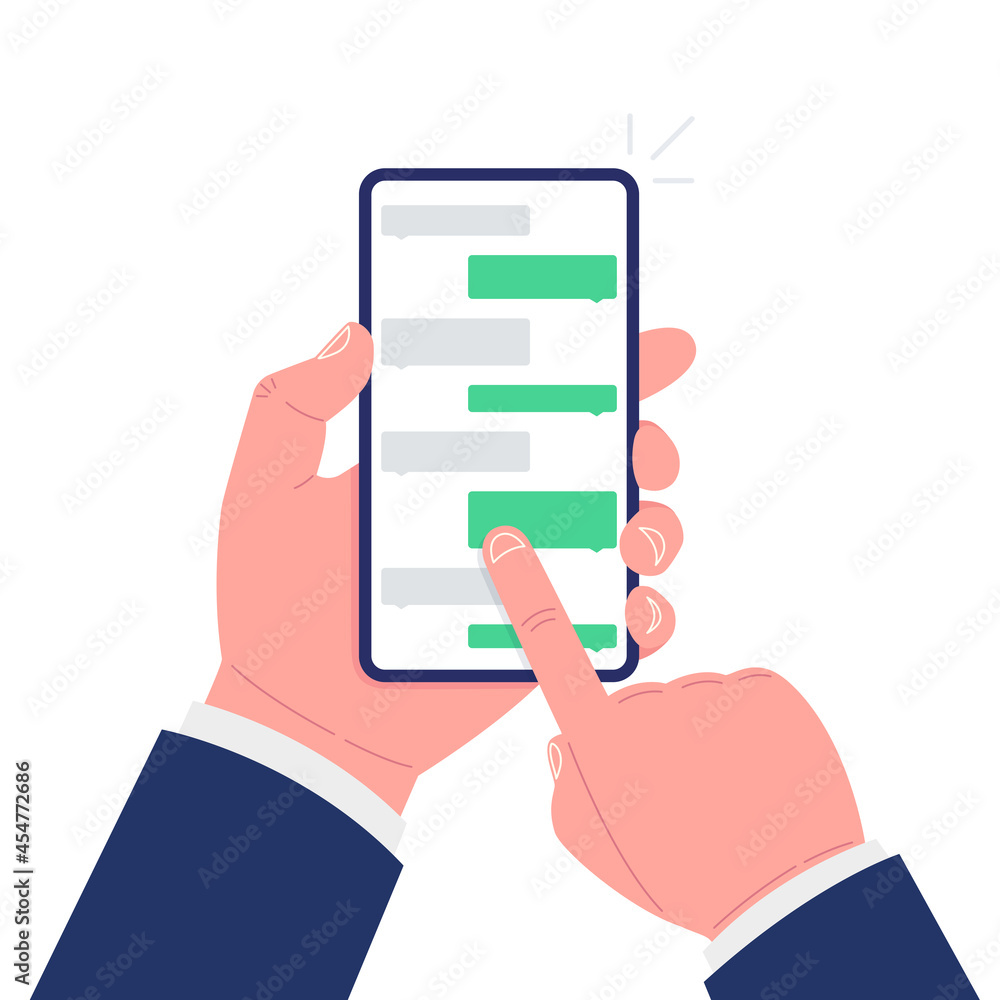 Hand holding smartphone with application with chat boxes. Vector illustration. Hand holding smartphone with application with chat boxes. Vector illustration.