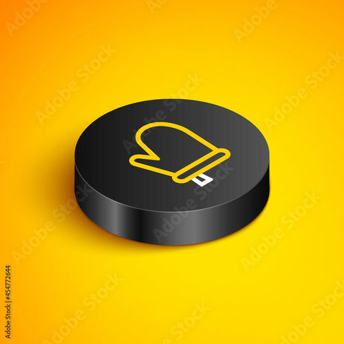 Isometric line Oven glove icon isolated on yellow background. Kitchen potholder sign. Cooking glove. Black circle button. Vector