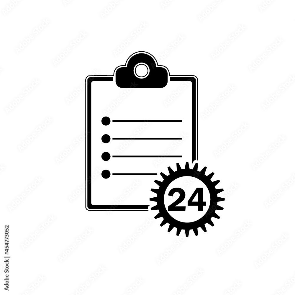 Checklist clipboard with 24 hours service icon isolated on white background Checklist clipboard with 24 hours service icon isolated on white background