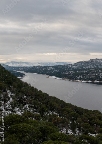 lake with snowy mountains