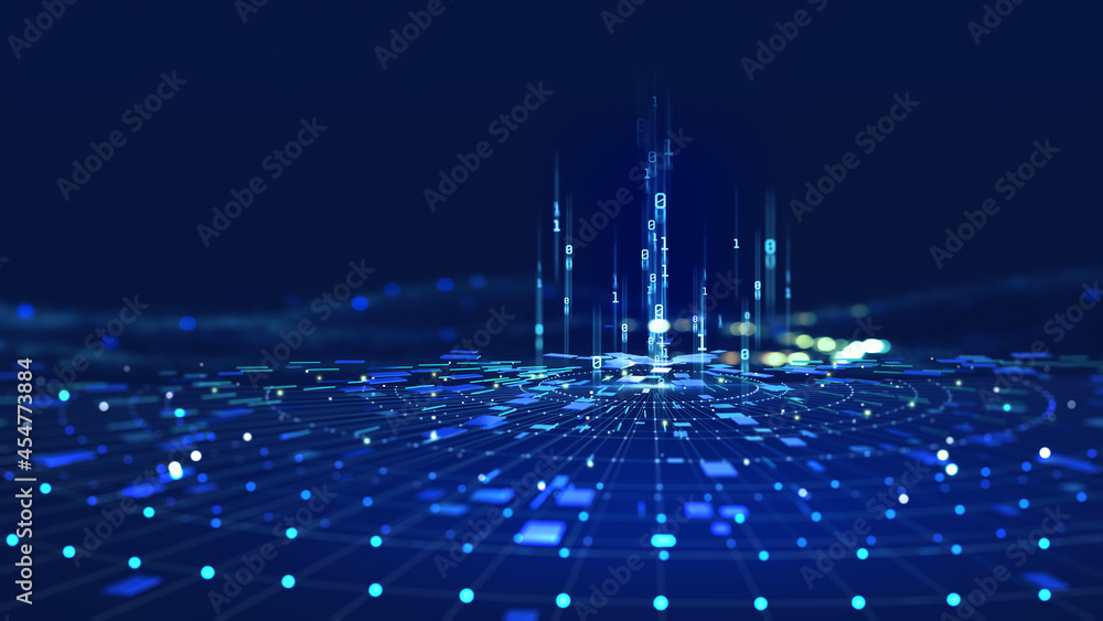 Smart city and big data connection technology concept 3d illustration. Sci-fi Skyline, Blue Neon lights. Wireless digital connection and internet of things future - obrazy, fototapety, plakaty 