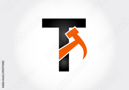 letter T monogram alphabet with a Hammer. Repair, renovation, and construction logo. Modern vector logo for construction business, and company identity