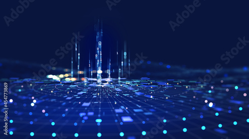 Futuristic data stream 3d illustration. Data transfer technology. Cyberpunk  Big data and cybersecurity. Cyberspace  blockchain transactions. Abstract technological background