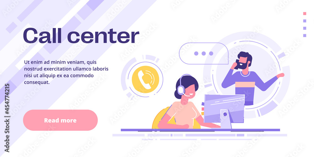 Happy female helpline operator with headset consulting a client. Customer service hotline web banner or landing page. Global technical support 24/7. Consultant and customer. Vector banner. Happy female helpline operator with headset consulting a client. Customer service hotline web banner or landing page. Global technical support 24/7. Consultant and customer. Vector banner.