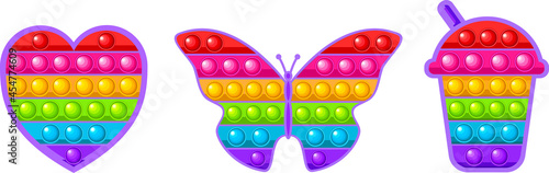 Three funny Pop it a sensory toy for fidgets. Vector hand-drawn cartoon illustration of the logo icon. Pop it a fidget kids touch toy. Simple Dimple heart, butterfly, glass.