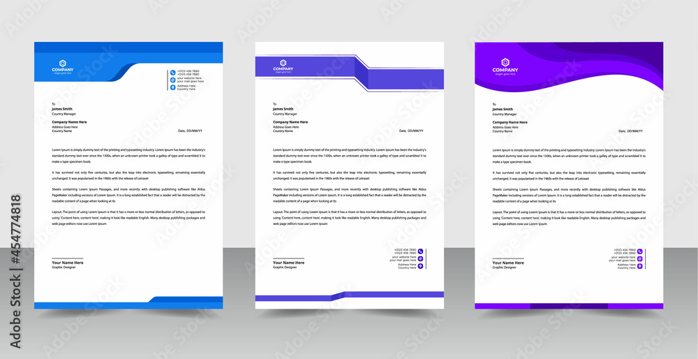 Modern company letterhead design template with 3 color variation shapes bundle of your corporate project design.set to print