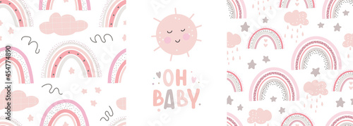 Rainbow cute patterns and lettering - oh baby . Creative childish print for fabric, wrapping, textile, wallpaper, apparel.Vector cartoon illustration in pastel colors