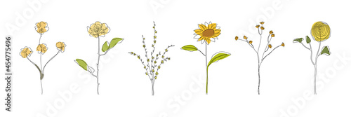 Set of one line art flowers. Vector monoline yellow branch, rose, sunflower. Isolated on white background. Doodle floral concept. Print, textile, fashion, accessories, media, postcard, package.