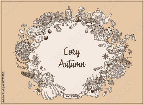 Sketch autumn wreath. Vector hand drawn plants, food and symbols of fall. Pumpkin, pie, berry, apple, basket, corn, sunflower, candle, jam, tea, coffee. Harvest seasonal frame illustration.