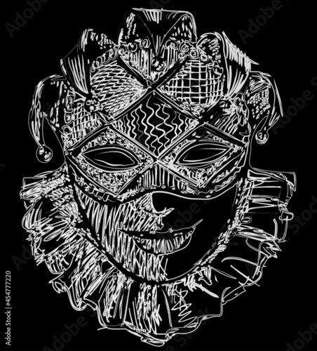 Vector outline brush drawing of fictional abstract face in venetian mas