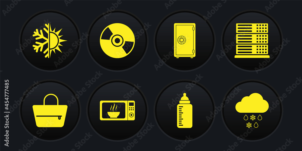 Set Handbag, Server, Data, Web Hosting, Microwave oven, Baby bottle, Safe and CD or DVD disk icon. Vector Set Handbag, Server, Data, Web Hosting, Microwave oven, Baby bottle, Safe and CD or DVD disk icon. Vector