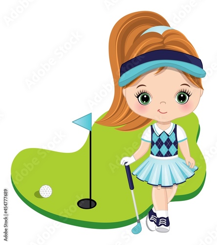 Cute Little Redheaded Girl Playing Golf. Vector Little Golfer 