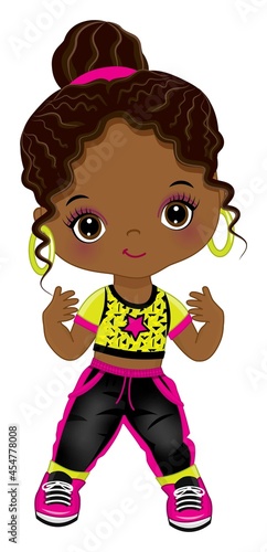 Cute Little African American Girl Dancing Hip Hop. Vector Hip Hop Black Girl 
