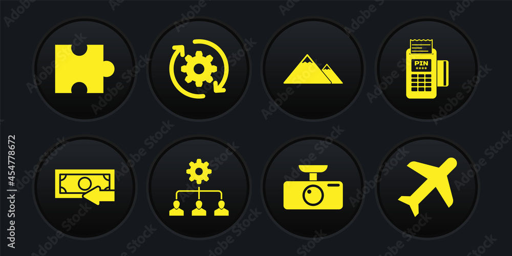 Set Cash back, POS terminal, Lead management, Car DVR, Mountains and Gear and arrows workflow icon. Vector Set Cash back, POS terminal, Lead management, Car DVR, Mountains and Gear and arrows workflow icon. Vector