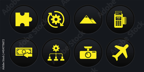 Set Cash back, POS terminal, Lead management, Car DVR, Mountains and Gear and arrows workflow icon. Vector