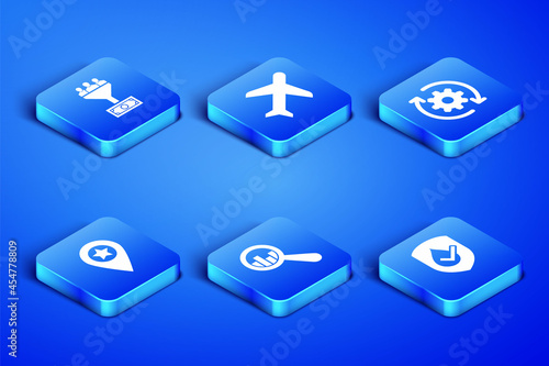 Set Waterproof, Lead management, Magnifying glass and analysis, Location with star, Plane and Gear arrows workflow icon. Vector