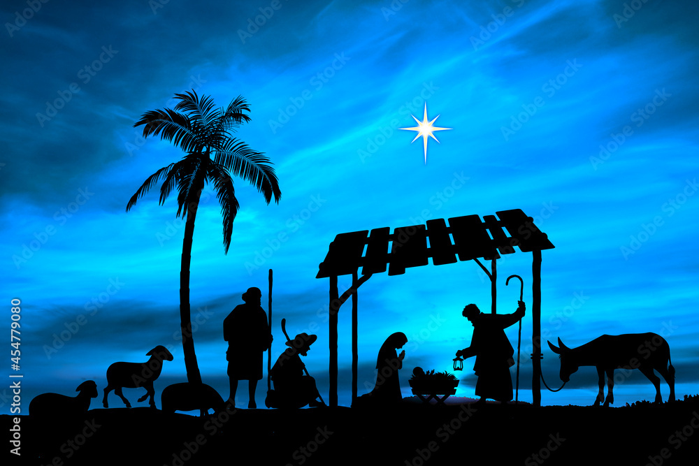 Szopka bożonarodzeniowa, święta rodzina i pasterze. - obrazy, fototapety, plakaty 