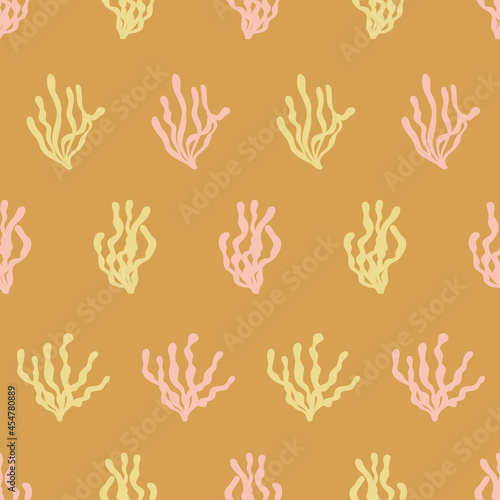Yellow and pink algae coral reef seamless repeat pattern texture background. Vector illustration. Great for kids and home decor projects. Surface pattern design.