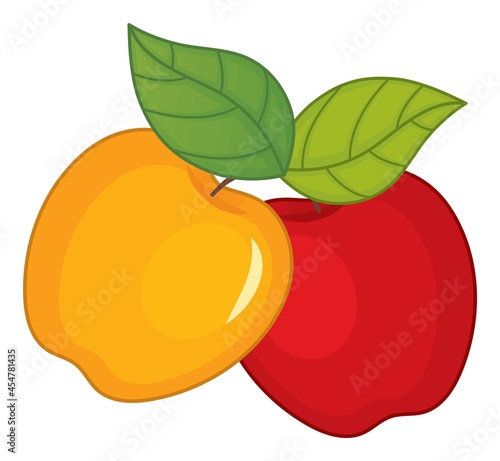 Red and Yellow Ripe Apples with Leaves. Vector Apples