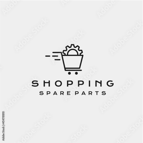 Line art Chain gear in the supermarket trolley. automotive spare part shop logo vector icon illustration