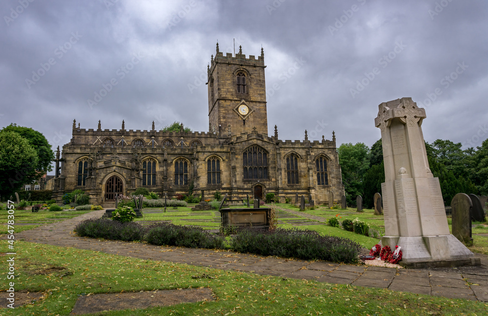 A Photograph of an Ancient, Aged Church in Sheffield, England, With a Clock on the Tower, Church of England, St. Mary's Church, With Memorial Stand.