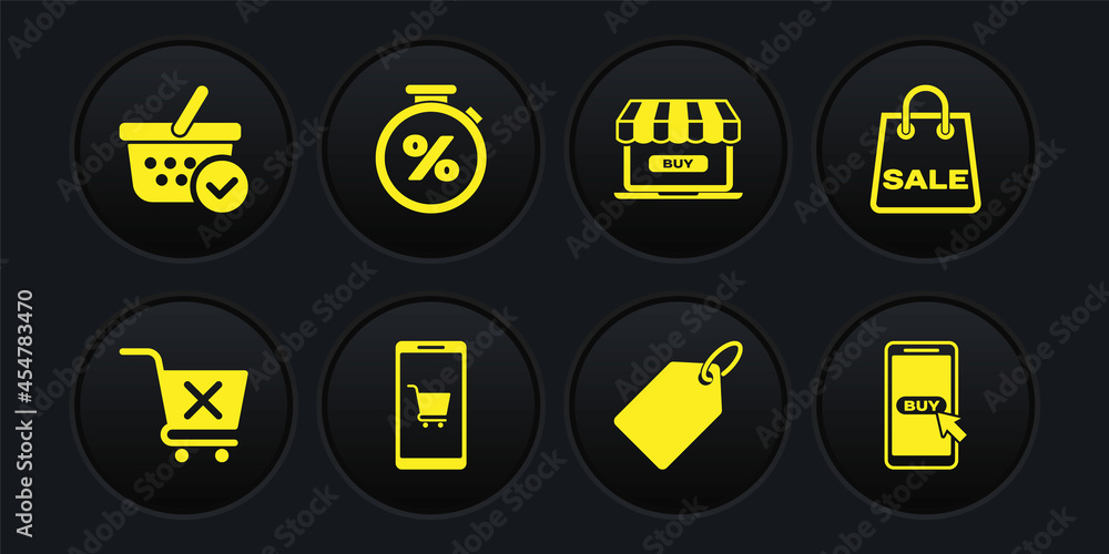 Set Remove shopping cart, Shopping bag with Sale, Mobile and, Label template price tag, Online, Stopwatch percent, and basket check mark icon. Vector Set Remove shopping cart, Shopping bag with Sale, Mobile and, Label template price tag, Online, Stopwatch percent, and basket check mark icon. Vector