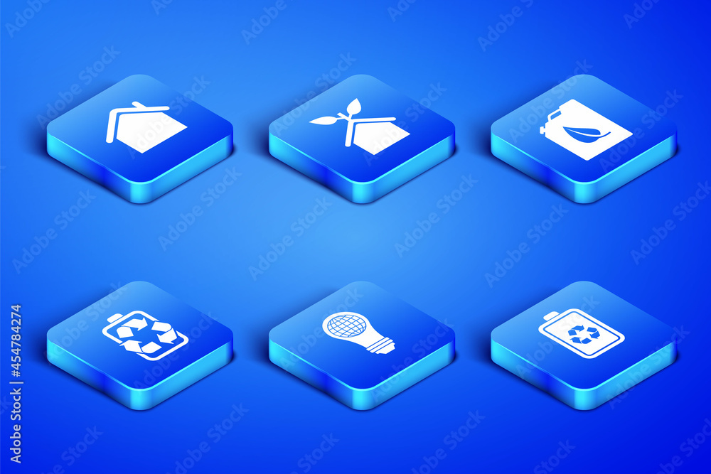Set Battery with recycle, House, Light bulb world globe, Eco friendly house and Bio fuel canister icon. Vector Set Battery with recycle, House, Light bulb world globe, Eco friendly house and Bio fuel canister icon. Vector