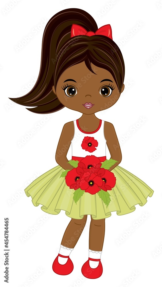 Fototapeta premium Beautiful Cute African American Girl Holding Bouquet of Red Poppies. Vector Black Girl with Poppies