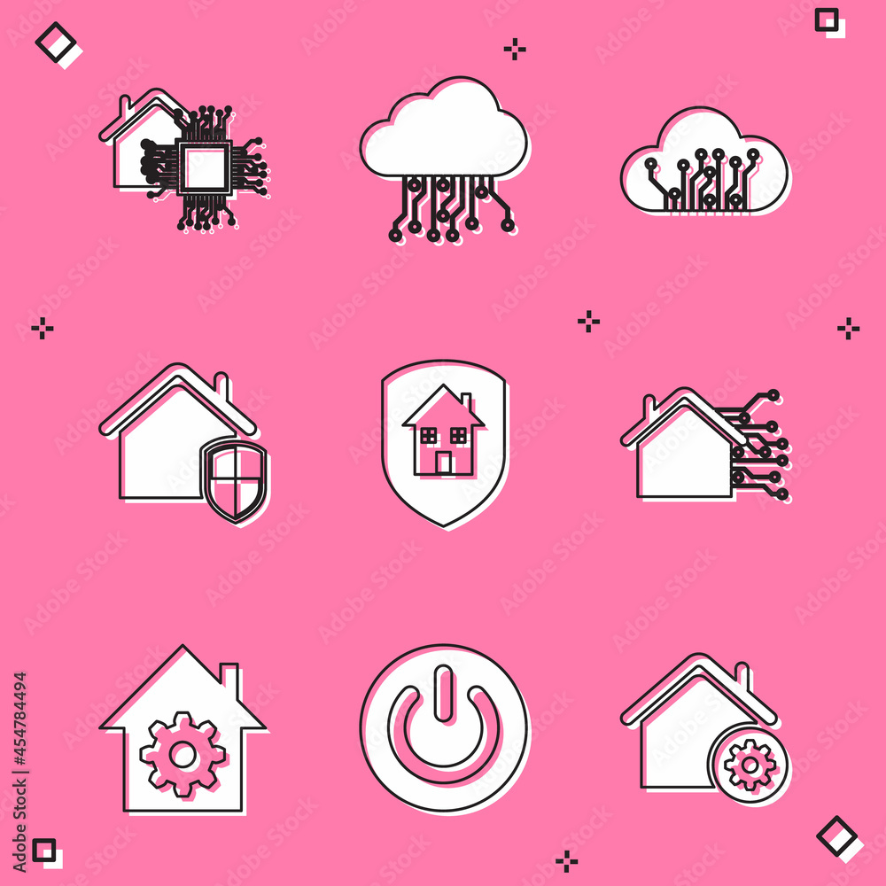 Set Smart home, Internet of things, House under protection, settings and Power button icon. Vector