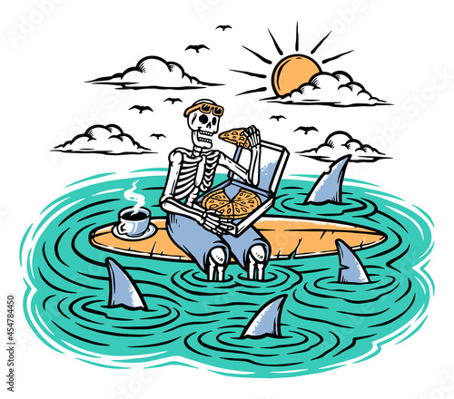Skull eating pizza on surfboard