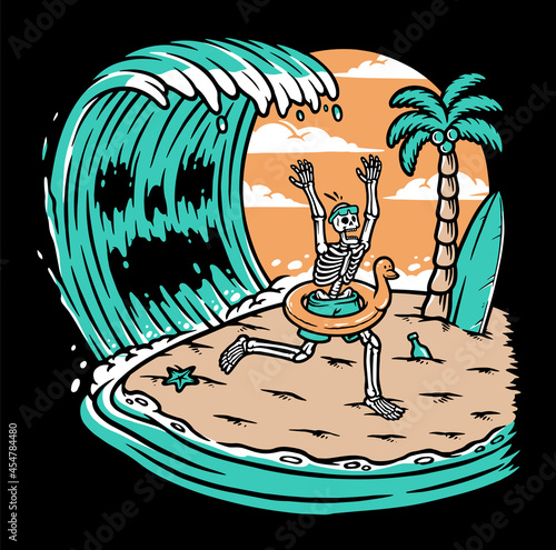 Skull attacked by giant waves illustration
