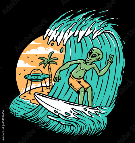 Aliens surfing on the beach illustration
