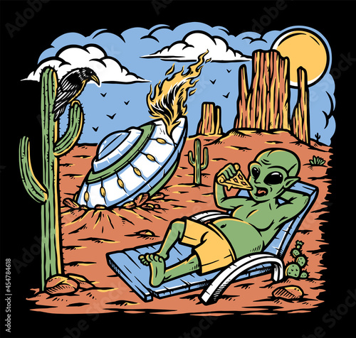 Alien stranded in the desert illustration