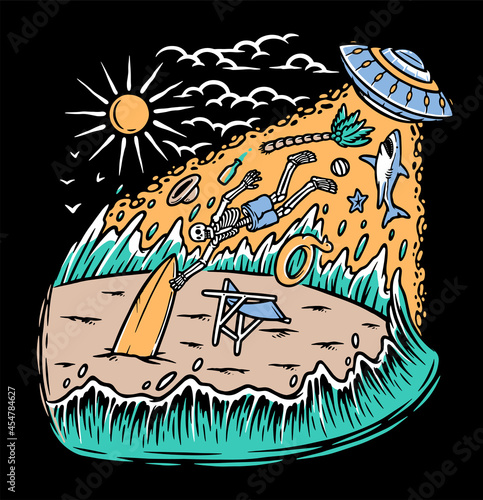 Alien invasion on the beach illustration