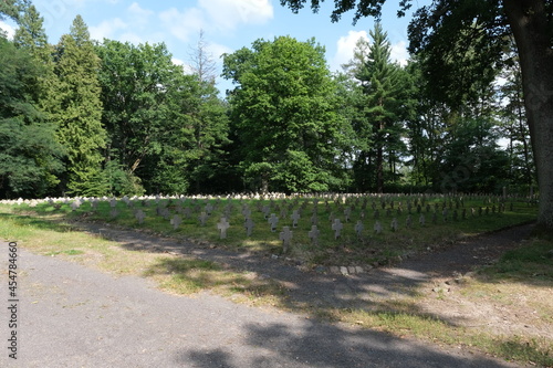 Lambinowice, Poland - August 21, 2021: Cemetery of prisoners of war from first and second world war. Soviet, german, serbian, italian, french, commonwealth, romanian. Summer day. Opole Voivodeship