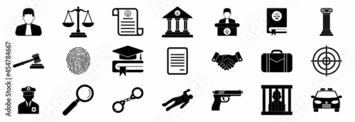 justice and investigations icon set, justice and investigations, crime, law vector symbol illustrations