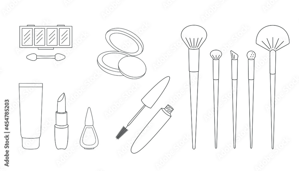 Make up set. Line vector illustrations of different cosmetic products. Isolated elements on white background. Best for seamless patterns, stickers and web design. Make up set. Line vector illustrations of different cosmetic products. Isolated elements on white background. Best for seamless patterns, stickers and web design.